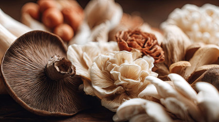 A beautiful arrangement of various mushrooms on a wooden surface, highlighting their distinct shapes and textures, perfect for culinary or nature-themed projects, AI generatedの素材