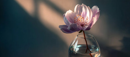 A beautiful pink flower stands in a clear glass vase filled with water, softly lit by natural light, creating a peaceful atmosphere and highlighting its elegance, AI generatedの素材