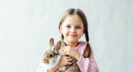Child with braided hair, dressed in a cozy pink sweater, lovingly embraces a fluffy rabbit, creating a delightful scene of companionship and warmth, AI generatedの素材