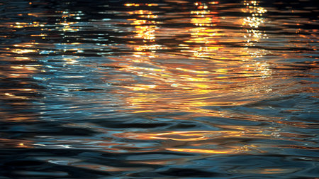 Surface of water glistens with colorful reflections, creating a tranquil atmosphere, with gentle ripples enhancing the serene beauty of the natural scene, AI generatedの素材