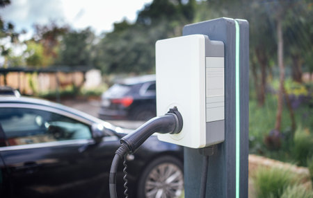 Modern electric vehicle charging station with a connected cable, set in a green environment with...
