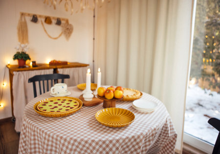 Dining table adorned with baked treats, fresh apples, and candles, surrounded by a cozy ambiance, inviting warmth and comfort for shared moments and gatheringsの写真素材