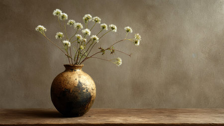 Ceramic vase showcases white flowers, elegantly arranged on a wooden table, with a soft textured background enhancing the tranquil ambiance of the scene, AI generatedの素材
