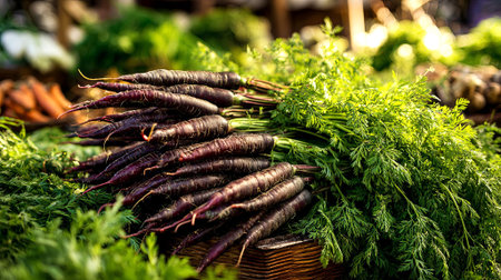 Vibrant purple carrots with lush green tops are beautifully displayed in a rustic basket at a bustling farmers market, highlighting organic freshness and natural appeal, AI generatedの素材