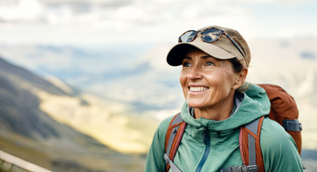Happy female hiker with a backpack and cap, exploring mountainous terrain, surrounded by stunning views and natural beauty, embodying the essence of outdoor adventure, AI generatedの素材