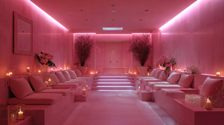 Tranquil spa interior showcases plush seating and soft pink lighting, complemented by decorative plants, creating a serene ambiance for relaxation and wellness, AI generatedの素材