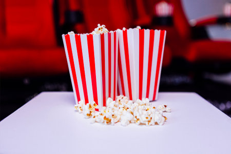 Striped popcorn containers filled with delicious popcorn are set on a white surface, with scattered pieces and red cinema seats creating a lively movie ambianceの写真素材