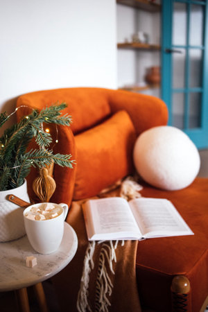Inviting living room setup with an orange velvet sofa, warm blanket, cup of hot chocolate topped with marshmallows, and an open book on a marble table, perfect for relaxationの写真素材