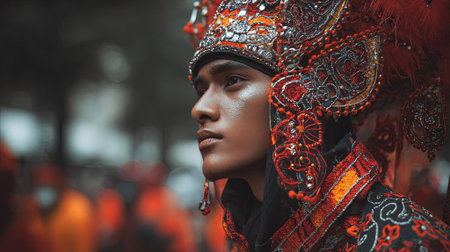 Male figure adorned in elaborate traditional attire, featuring rich textures and bright colors, captures the essence of cultural celebration and community spirit, AI generatedの素材