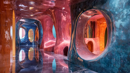 Colorful abstract interior space showcases organic shapes and reflective surfaces, creating a surreal ambiance with vibrant colors and innovative design features, AI generatedの素材