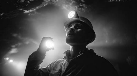 Miner in helmet and headlamp explores dark cave, holding flashlight to reveal rocky textures and shadows, capturing the essence of underground adventure, AI generatedの素材