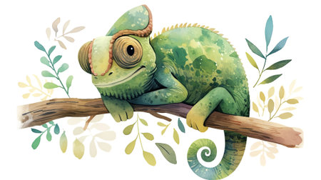 Whimsical chameleon illustration resting on a branch, surrounded by lush leaves, highlighting vibrant colors and playful textures in a natural environment, AI generatedの素材