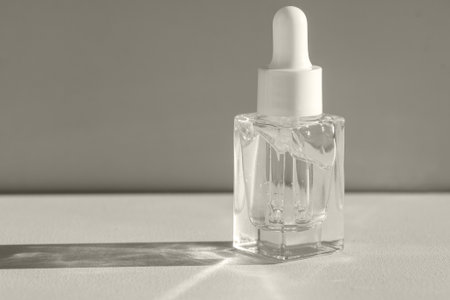 Close-up of a clear glass bottle with a moisturizing serum and a pipette in bright sunlight. A vial with an essence dropper on a yellow background.の写真素材