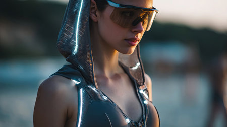 Female model in sleek athletic attire with reflective details and sunglasses, poses by the beach, embodying contemporary fashion and a vibrant lifestyle, AI generatedの素材