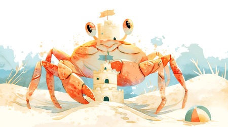 Playful crab character is positioned next to a whimsical sandcastle on a sandy beach, with a colorful beach ball, creating a cheerful summer atmosphere, AI generatedの素材
