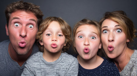 Group of four family members, two adults and two kids, are making silly faces, expressing happiness and playfulness, creating a lively and joyful scene, AI generatedの素材
