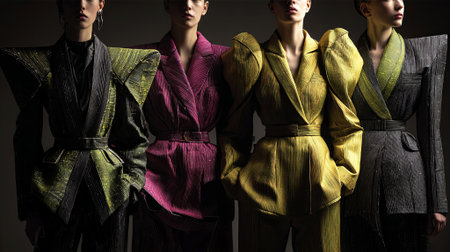 Models present striking fashion pieces with exaggerated silhouettes and rich textures, emphasizing contemporary style and artistic expression in a dramatic lighting setup, AI generatedの素材