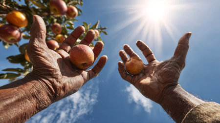 Elderly farmer's hands are holding ripe apples against a vibrant blue sky, with sunlight shining down, capturing the essence of harvest, AI generatedの素材