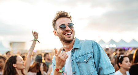 Male festival-goer in denim jacket smiles and gestures positively, immersed in vibrant crowd at outdoor music event, radiating energy and happiness, AI generatedの素材