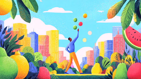 Vibrant illustration depicts a man juggling colorful balls in a lively urban park filled with greenery and fruit trees, creating a joyful and dynamic scene, AI generatedの素材