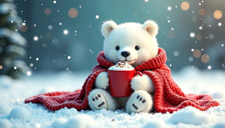 Cute polar bear cub, snuggled in a red blanket, enjoys hot chocolate in a snowy setting, with soft snowflakes falling, creating a festive winter scene, AI generatedの素材