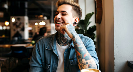 Smiling young man with tattoos, dressed in denim jacket, enjoys coffee in a cozy cafe, with warm lighting and inviting ambiance, reflecting a joyful moment, AI generatedの素材