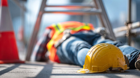Worker in safety gear is lying on ground near hard hat and safety cones, highlighting the critical importance of safety measures in construction environments, AI generatedの素材