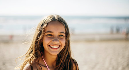 Smiling young girl with long hair enjoys a sunny beach day, surrounded by soft sand and ocean waves, capturing the essence of happiness and carefree moments, AI generatedの素材