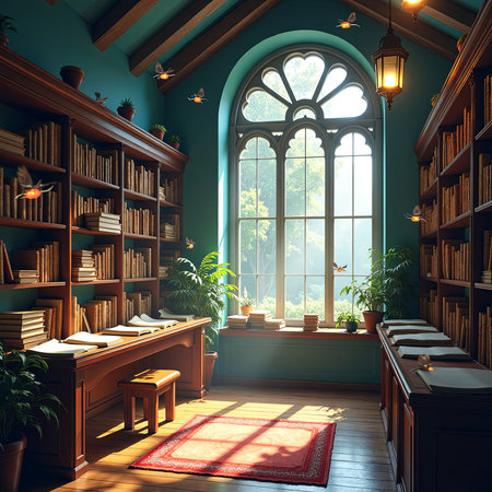 Inviting library space with wooden bookshelves, a bright window illuminating the room, and greenery enhancing the atmosphere, perfect for reading and relaxation with copy space, AI generatedの素材
