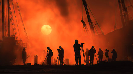 Photographers silhouetted against a vibrant sunset at a construction site, with cranes and equipment in the background, evoking a sense of artistic exploration and teamwork, AI generatedの素材