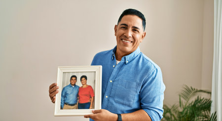 Hispanic man smiles while holding a framed photo of two individuals, capturing a heartfelt moment in a warm, cozy indoor environment filled with natural light, AI generatedの素材