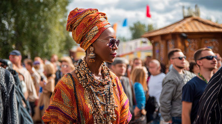 Confident woman in colorful traditional clothing and sunglasses stands among a vibrant crowd at a cultural festival, highlighting her heritage and the lively atmosphere, AI generatedの素材