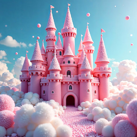 Enchanting pink castle towers rise above fluffy clouds and pastel spheres, creating a whimsical fantasy scene that invites imagination and wonder, AI generatedの素材