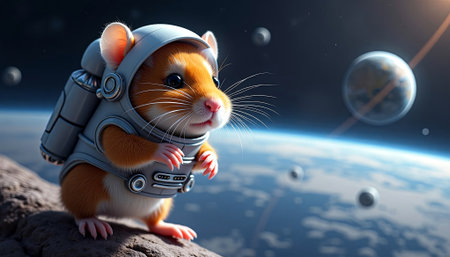 Cute hamster wearing a space suit stands on a rocky surface, gazing at distant planets and stars, embodying the spirit of exploration and curiosity, AI generatedの素材