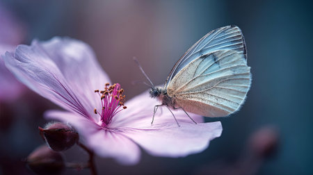 Butterfly rests gracefully on pink flower, highlighting detailed wing textures and colors, with a blurred background of natural elements creating a tranquil atmosphere, AI generatedの素材