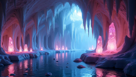 Stunning ice cave features glowing pink and blue crystals, reflecting in tranquil water, creating a magical ambiance, highlighting the beauty of nature formations, AI generatedの素材