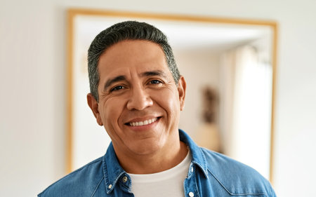 Hispanic man with a cheerful smile in a well-lit indoor space, radiating warmth and friendliness, creating an inviting atmosphere for connection and engagement, AI generatedの素材