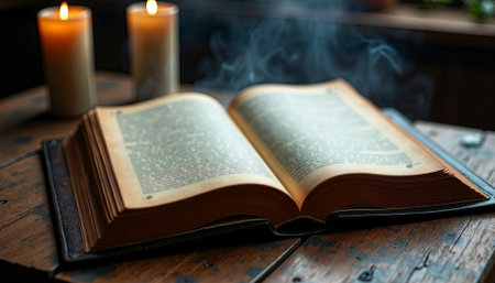 Vintage book lies open on rustic wooden table, with flickering candles nearby, creating a cozy ambiance perfect for reading and contemplation, AI generatedの素材