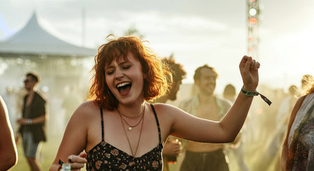 Female dancer with curly red hair enjoys music at outdoor festival, surrounded by energetic crowd, creating a joyful and lively ambiance filled with excitement, AI generatedの素材