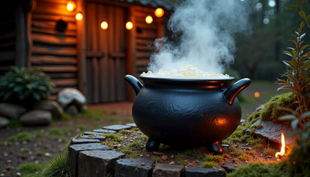 A bubbling black cauldron rests on a stone circle, surrounded by vibrant greenery and glowing lanterns, creating a magical outdoor ambiance at dusk, AI generatedの素材