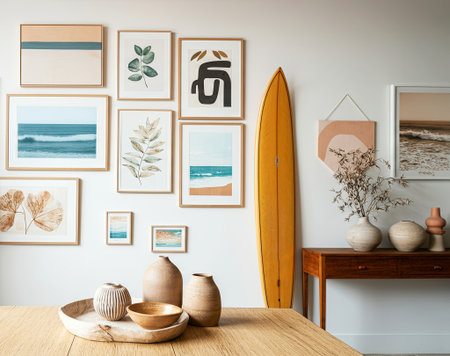 Modern interior showcases framed art pieces, a surfboard, and decorative pottery on a wooden table, enhancing the coastal vibe of the living space, AI generatedの素材