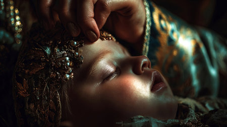 Child peacefully resting, wearing ornate headpiece, is lovingly held by an adult hand, with soft lighting and rich textures creating a warm, intimate atmosphere, AI generatedの素材