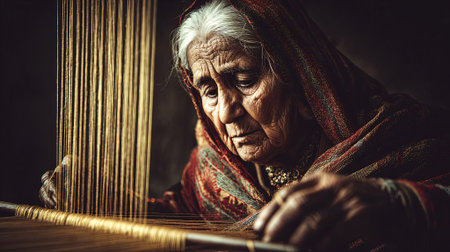 Senior female artisan, with gray hair and colorful shawl, is weaving on a loom, highlighting her skill and passion for traditional textile craftsmanship, AI generatedの素材