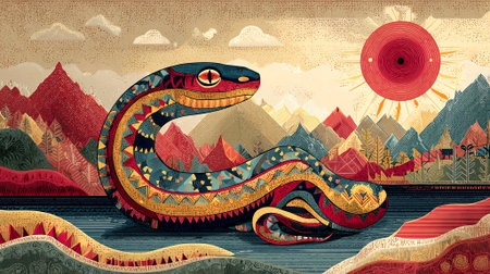 Artistic serpent illustration resting on a colorful landscape with mountains and sun, featuring intricate patterns and vibrant colors, evoking a sense of creativity and culture, AI generatedの素材