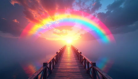 A stunning rainbow spans the sky above a wooden pier leading into a calm lake at sunset, showcasing vibrant colors and peaceful surroundings, AI generatedの素材