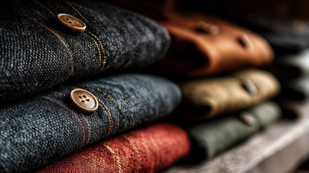 Neatly arranged denim fabric in multiple colors, featuring detailed stitching and buttons, displayed on a wooden shelf, emphasizing quality and textile craftsmanship, AI generatedの素材