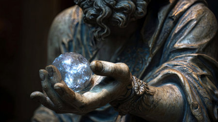 AI generated. Sculpture features a wise figure with a crystal orb, highlighting detailed textures and craftsmanship, set in a dimly lit atmosphere that enhances the mystical ambiance, AI generatedの素材