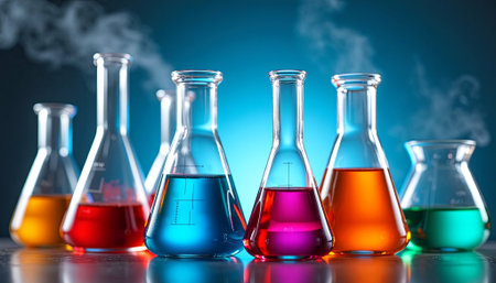 Laboratory glassware filled with colorful liquids, steam rising from beakers, creating a dynamic scene that highlights the beauty of science and experimentation, AI generatedの素材