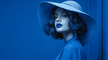 Stylish woman with a chic hat and striking blue lipstick poses against a vibrant blue backdrop, embodying modern elegance and artistic flair in fashion photography, AI generatedの素材