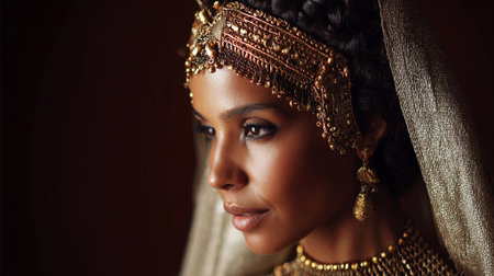 Woman with beautiful features, wearing ornate jewelry and a delicate veil, embodies cultural elegance and grace in a captivating portrait with warm tones and rich details, AI generatedの素材